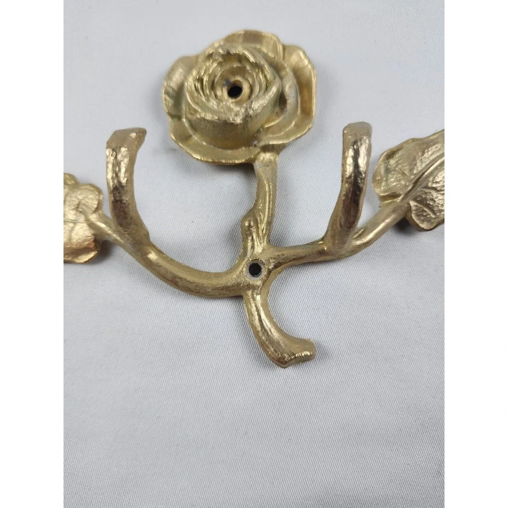Vintage Brass Rose Double Wall Hook Floral Coat Key Towel Hanger Cottage Decor